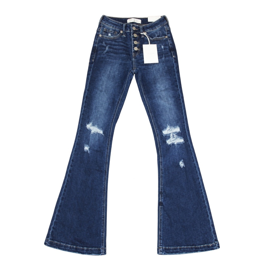 KanCan Jaden Mid-Rise Distressed Button Fly Flare Jeans Women 25 Blue Retro NWT